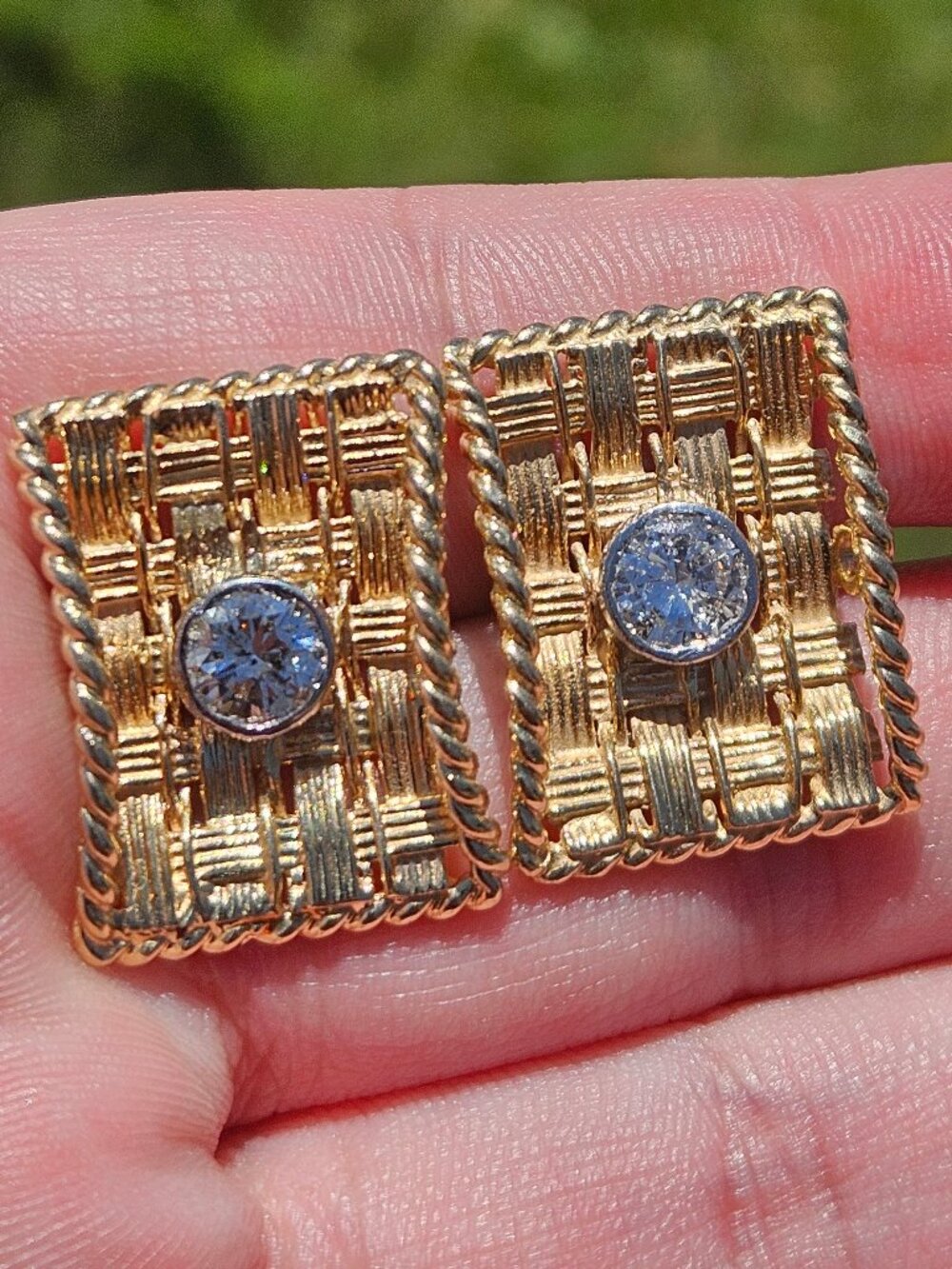 Solid 14K Yellow Gold Diamond Woven Braided Rectangle Cufflinks 1.50TCW 23x18mm